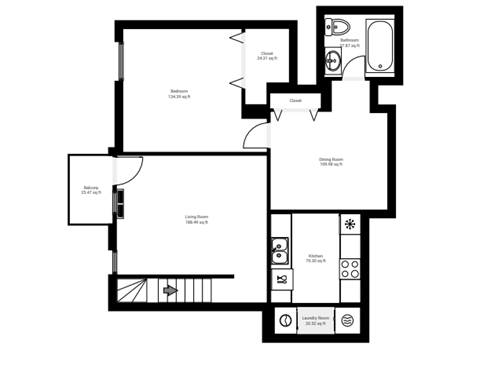 A black and white floor plan of a house with labeled rooms and dimensions.
